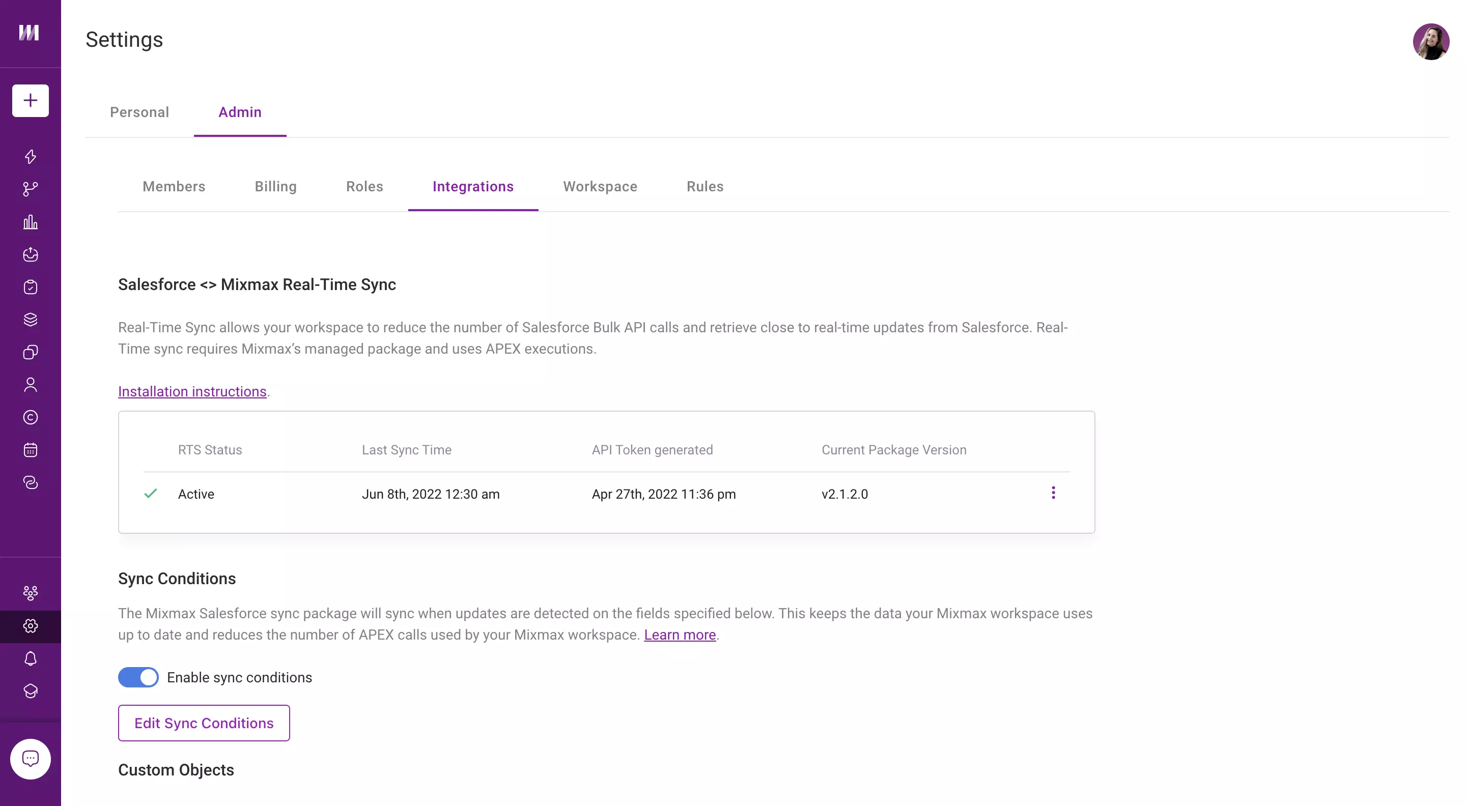 Mixmax settings showing how to configure the Salesforce sync 